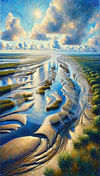 A river delta with intricate channels and mudflats. Landscape, Nature Painting, Generative Ai