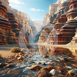 A river in a desert canyon, with layered rock formations. landscape Background, Generative Ai