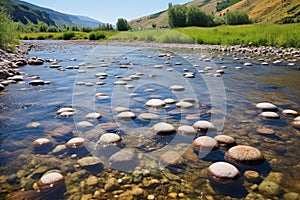 river dotted with fly fishing floats for trout