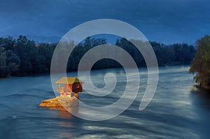 River Drina and house in the middle of the river-blue hour