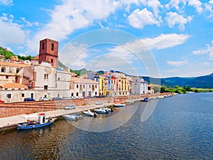 River embankment in the city of Bosa with colorful, typical Italian houses. province of Oristano, Sardinia, Italy.