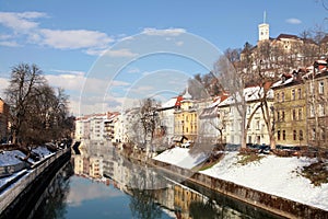 River embankment in Old town of Ljubljana , Slovenia