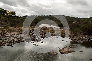 River Erges, affluent of the Tejo River in Portugal, with historically low water levels