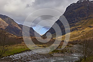 The River Etive running through the Glen, over some boulders and rapids on its descent towards the sea.