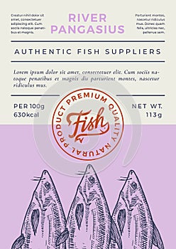 River Fish Abstract Vector Packaging Design or Label. Modern Typography Banner, Hand Drawn Pangasius or Basa Silhouette photo