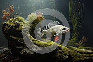 river fish darting around a moss-covered rock
