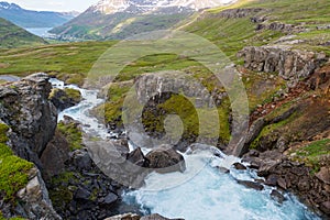 River Fjardara in Seydisfjordur fjord in Iceland