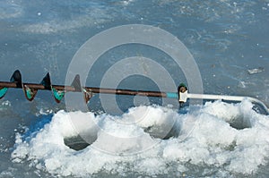 River flood fishermen. Torn river ice fishermen. River with the