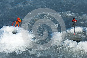 River flood fishermen. Torn river ice fishermen. River with the