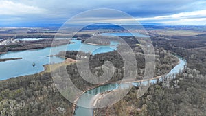 River floodplain winter delta Zastudanci meander drone aerial inland video shot in sandy sand alluvium freezing cold