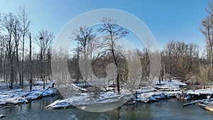 River floodplain winter snow Litovelske Pomoravi beaver European dam impoundment Castor fiber delta meander drone aerial