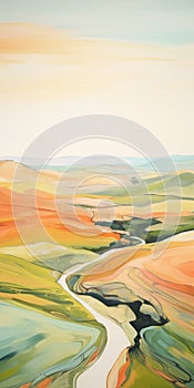 River Flow: A Color Field Minimalism Painting Of A Hilly Landscape