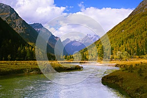 River flow among the mountains in Siguniang Mountain Scenic Area