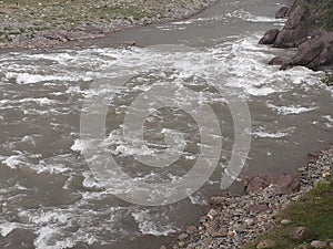 River flow valley mountain rain scenery