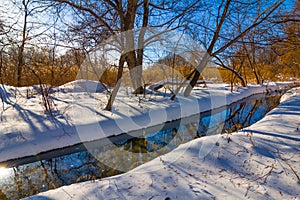 river flow through the winter snowbound forest
