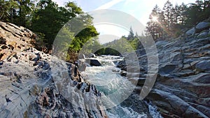 River flowing through rocky mountains near emerald pools