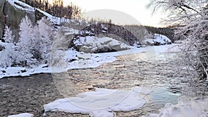 River flowing that`s starting to freeze