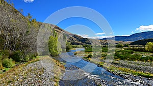 River flowing through scenic Lees Valley in New Zealand