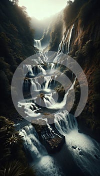 A river flowing through a series of cascading waterfalls. landscape Background, Generative Ai