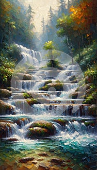 A river flowing through a series of cascading waterfalls. Landscape, Nature Painting, Generative Ai