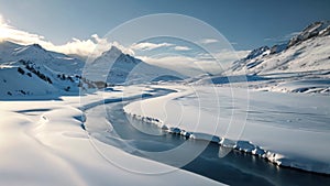 River Flowing Through Snowy Landscape, The chilling beauty of a frozen river winding through a snow covered valley