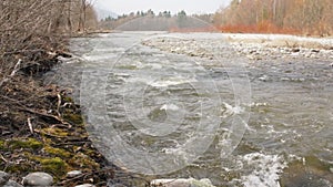 River flowing in the spring, stones and trees on sides, and background, slow motion video