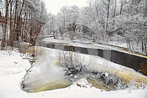 River flowing in a valley a beautiful cold snowy winter day
