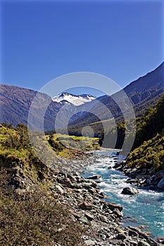 River Flows Down the Valley Through New Zealand from a Snow Capped Mountain
