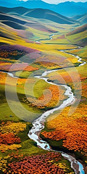 Tranquil River And Flower Field: A Captivating Aerial View photo