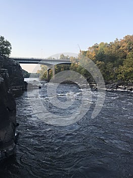 A River Flows Quickly Under a Bridge with Trees Along the Far Shoreline