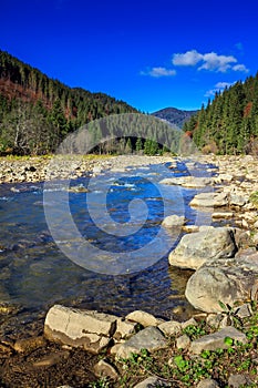 River flows by rocky shore near the autumn mountain forest