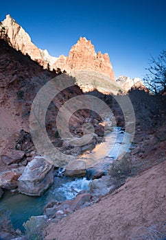 River Flows Sunrise Glow Rocky Butte Zion National Park