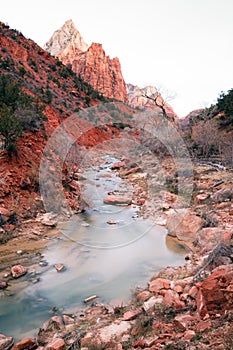 River Flows Sunrise Glow Rocky Butte Zion National Park