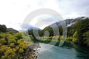 River Futaleufu flowing, well known for white water rafting, Patagonia, Chile.