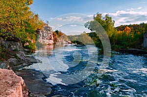 The river Gorny Tikic flows among the rocks and canyon, in a warm sunny autumn afternoon, Ukraine