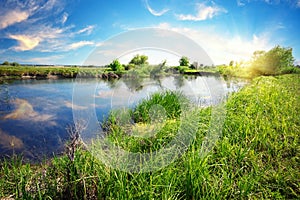 River with green grass on shore and blue sky