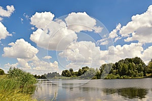 River, green grass and trees, blue sky with white clouds