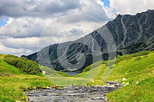 River high in mountains with shores covered with yellowish grass