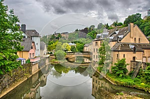 River with houses and bridges in Luxembourg in Benelux, HDR