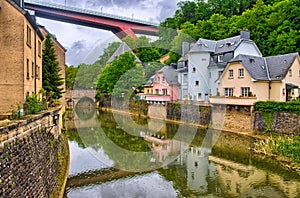 River with houses and bridges in Luxembourg, Benelux, HDR