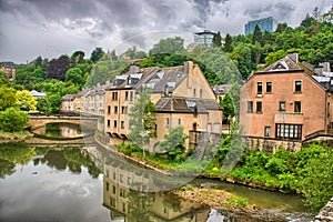 River with houses and bridges in Luxembourg in Benelux, HDR