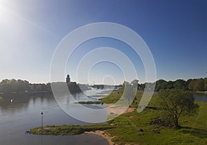 River ijssel and the skyline of Deventer in the Netherlands