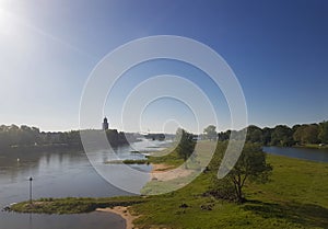 River ijssel and the skyline of Deventer in the Netherlands