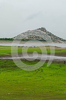 River of jawai dam is greener and also water and mounten beautiful sky summer