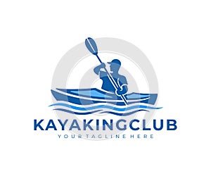 River kayaking, a guy in a kayak sails on river, logo design. Leisure kayakers touring, journey, travel and traveling, vector desi