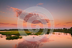 River Landscape In Belarus Or European Part Of Russia In Sunset