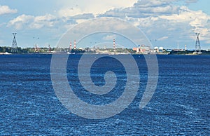 River landscape. Cable car background. Blue deep water with fast current. Green thickets on other coast