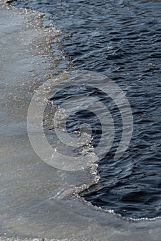 River landscape. Flowing water and ice. Natural winter background pattern.