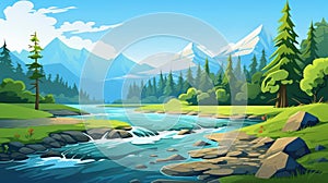 River landscape illustration in cartoon stile. AI generated