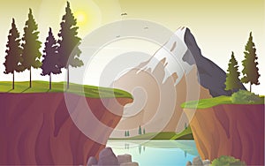 River landscape with mountain and cliff, vector illustration